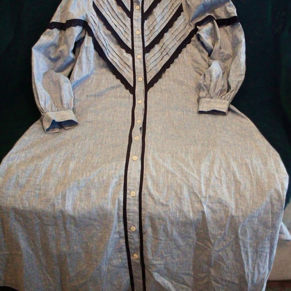 Pomander Place Light Blue Long Sleeve Button-Front Dress with Black Trim